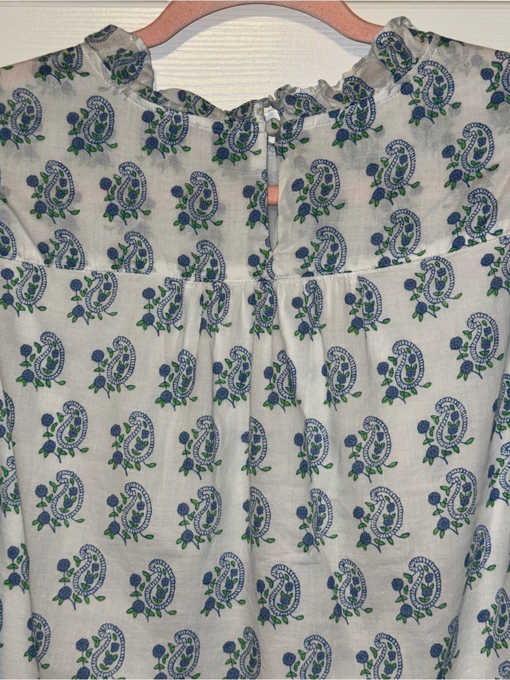 J. Crew White Blouse with Blue Floral Print and Ruffle Neck - Picture 6 of 8